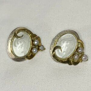 Vintage Michou 925 Sterling Silver 22K Gold Pearl Crystal Stud Earrings Rare
